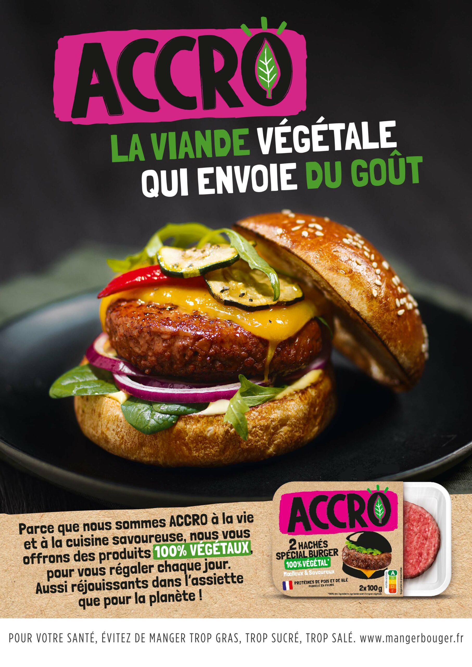 Annonce-presse pour la marque Accro montrant un burger végétal