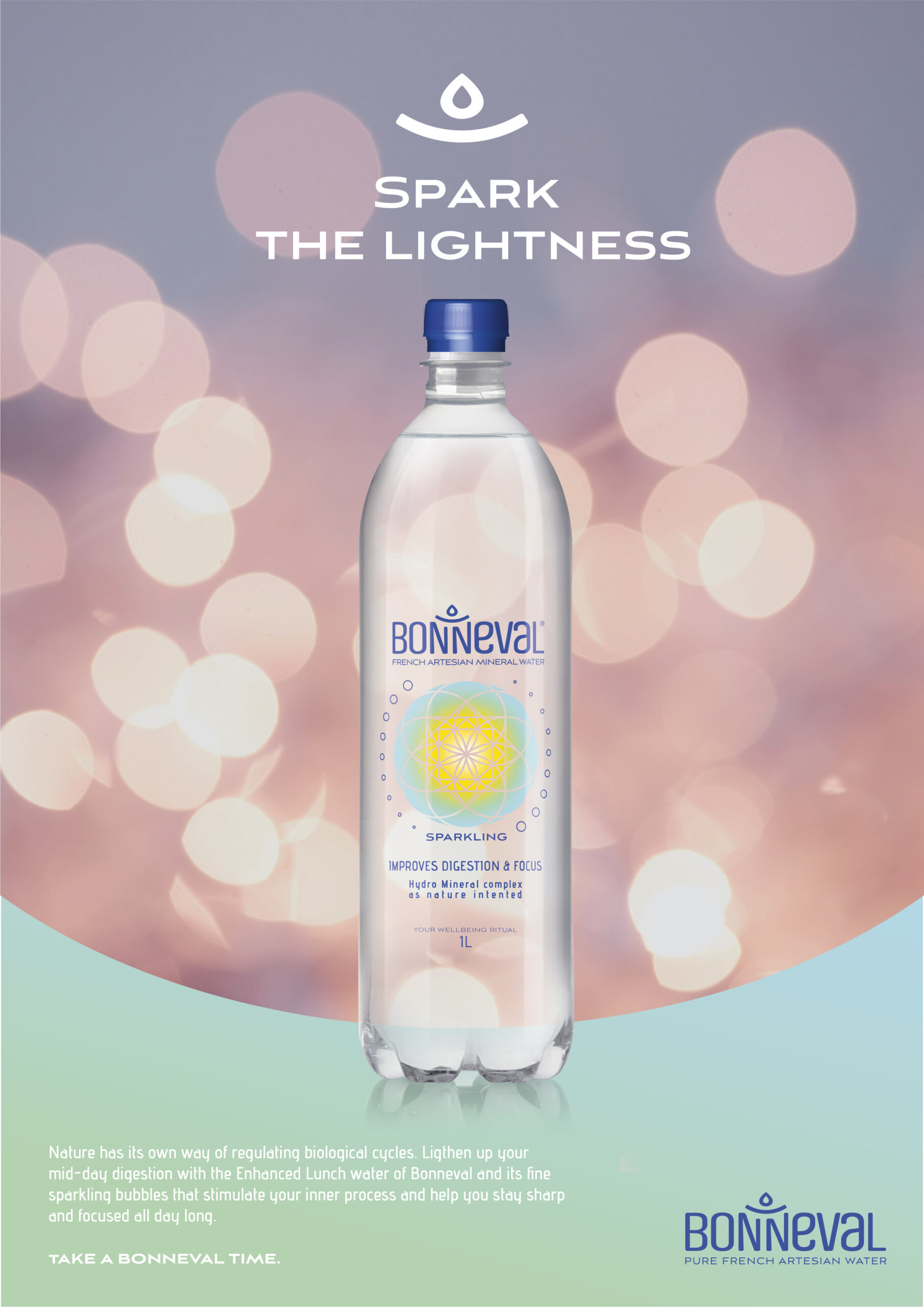 Annonce-presse pour la marque d'eau minérale Bonneval. Visuel d'une bouteille d'eau sur fond de de halos lumineux.