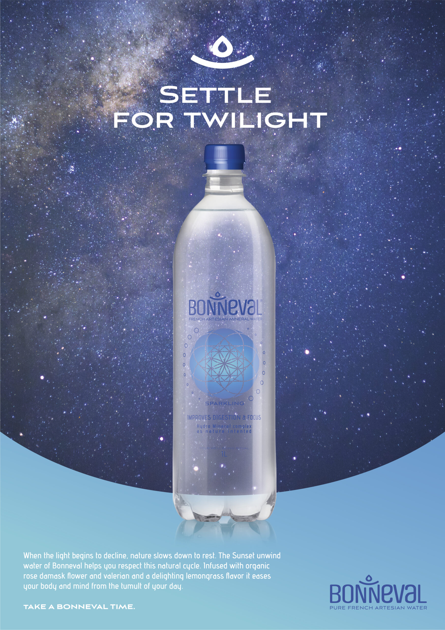 Annonce-presse pour la marque d'eau minérale Bonneval. Visuel d'une bouteille d'eau sur fond de ciel étoilé.