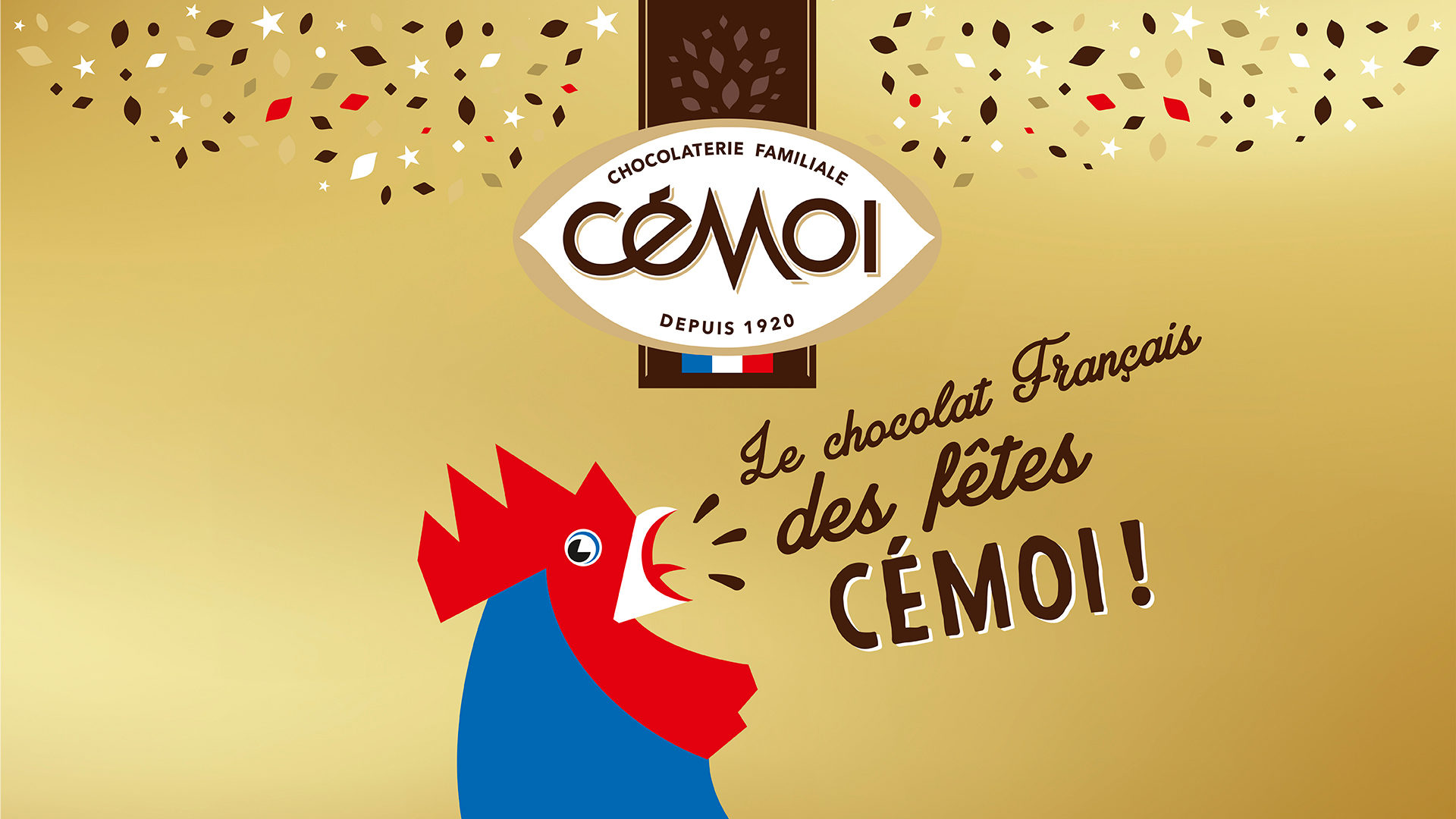 Key visual d'opération chocolats de fêtes de fin d'année montrant le coq mascotte de la marque Cémoi.