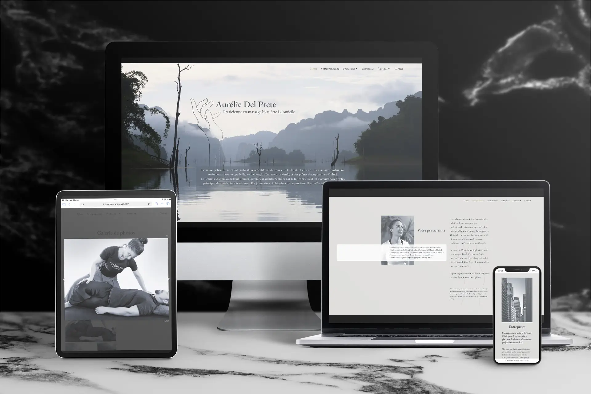 Visuel mockup présentant le site d'Aurélie Del Prete sur divers écrans (desktop, mobile, tablette) en mode responsive