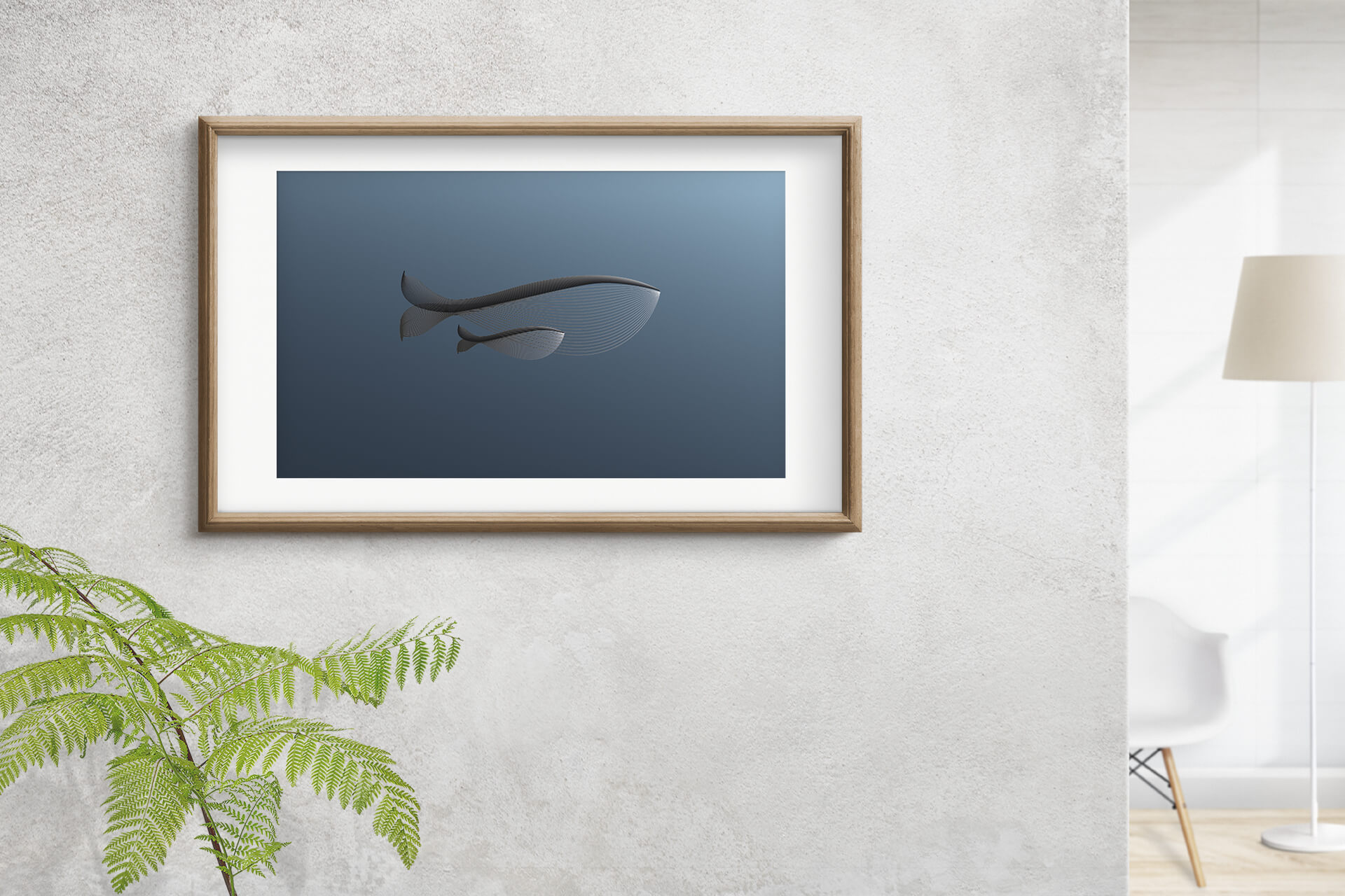 Illustration de baleines encadrée accrochée à un mur en béton ciré dans un appartement contemporain