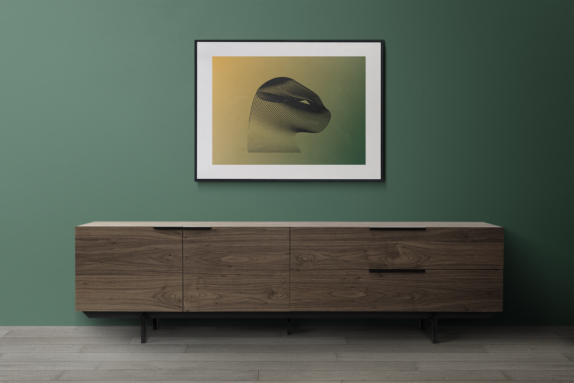 Illustration représentant une tête de loutre encadrée et accrochée sur un mur au dessus d'un meuble bas