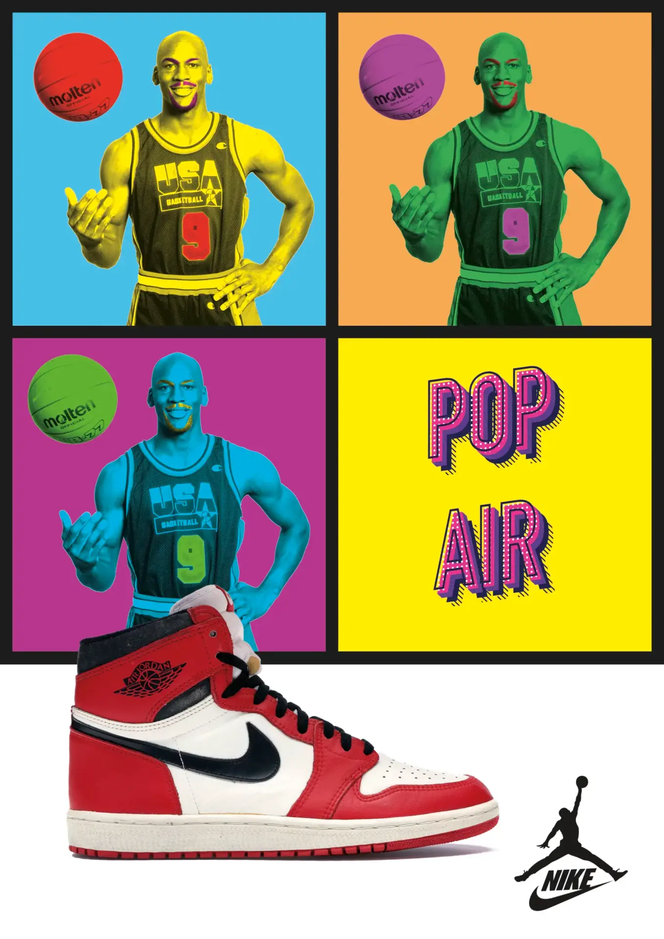 Annonce-presse fictive pour les baskets Air Jordan de Nike dans un style pop art.